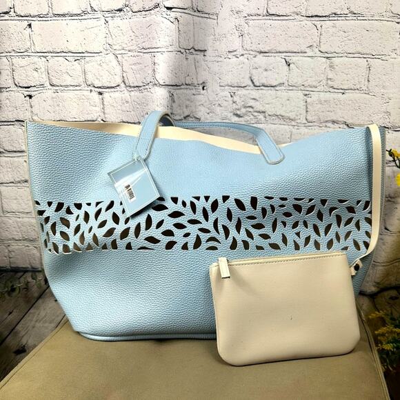 Laser Cut Light Blue Faux Pebble Leather Tote Bag with pouch - Picture 2 of 8